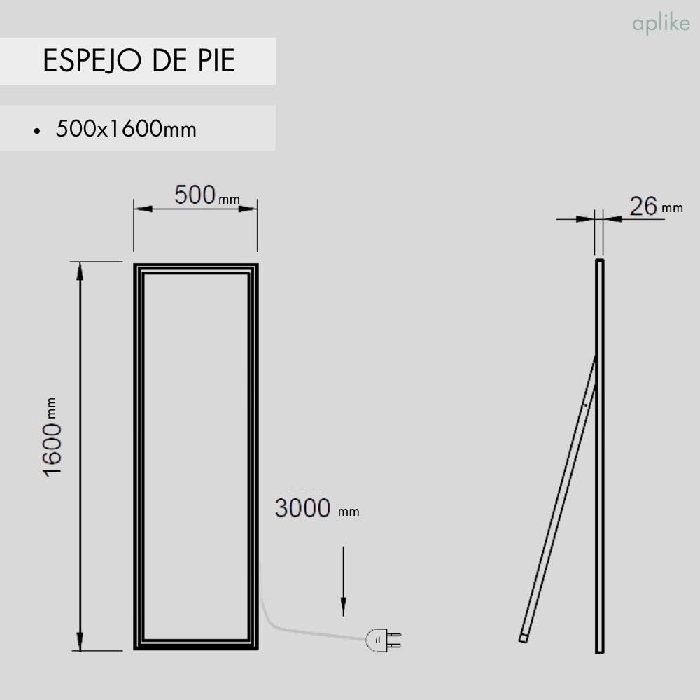 Espejo de pie con luz led Neutra y Enchufe Inteligente Medidas 50 cm x 160 cm PARÍS