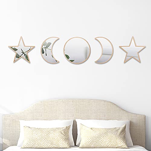 5 Pieces Boho Moon Star Wall Decor, Acrylic Sun Moon Star Phase Mirror Set, Scandinavian Natural Wooden Moon Star Phase Mirror Bohemian Wall Decoration for Home Living Room Decor, Not Real Mirror