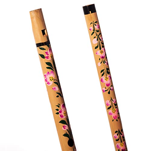 Decorative Traditional Handmade Wooden Bamboo Flute Basuri Indian Musical Instrument for gifting and Decoration (Flower Design-Set of 2) - Image 3