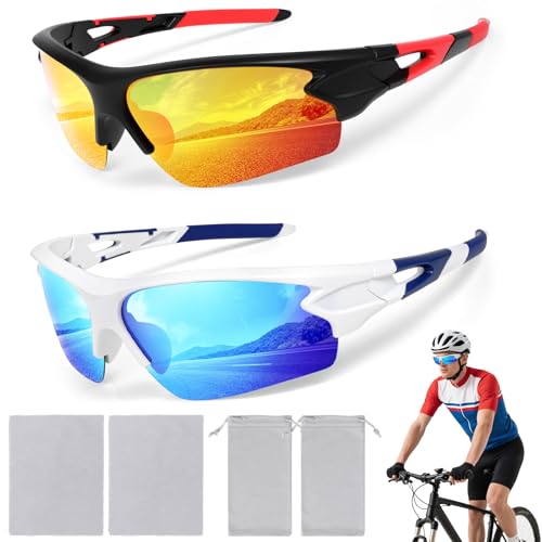 Hifot 2PCS Gafas de Sol Deportivas Hombre Mujer Polarizadas, Protección UV400 Gafas Ciclismo Running, con Monturas Ligeras Envolventes para Bicicleta Carrera Pesca Esquiando Surf Golf Conduciendo Mtb