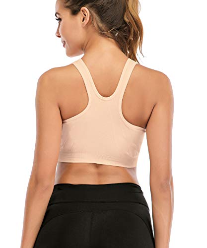 Florata Women's Sports Bra Wireless Post Surgery Bra Zip Front With Removable Pads Yoga Bra For Workout Fitness Beige #TOP3