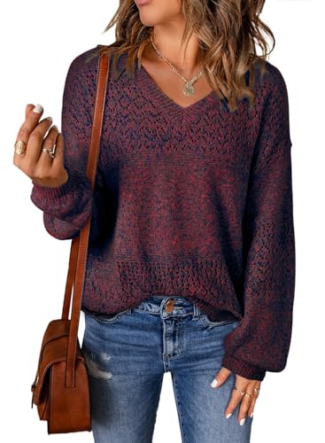 Image of SHEWIN Women's Sweaters Casual Long Sleeve V Neck Crewneck Lightweight Crochet Pullover Sweater Tops