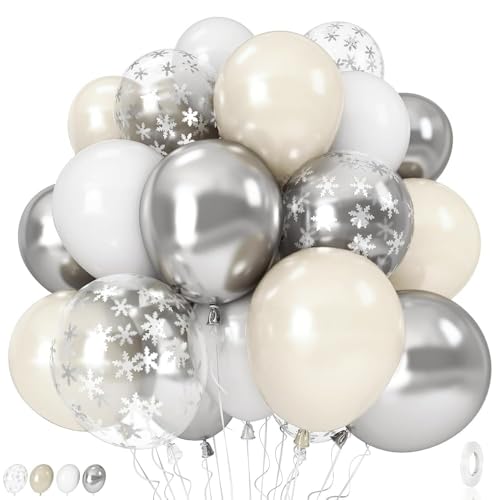 Pearl White Winter Wonderland Balloons, 12 Inch Pearl Sand White and Metallic Silver Snowflakes Balloons for Ice Snow Wonderland Wedding Baby Shower Birthday Christmas New Year’s Party Decorations