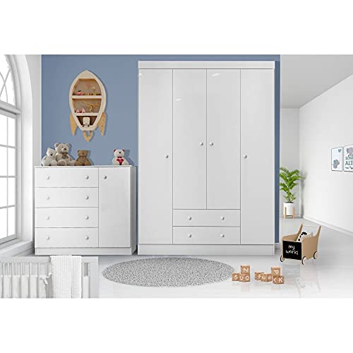 Jogo de Quarto Infantil Guarda Roupa e Cômoda Helena Plus Branco - Akemi Decor