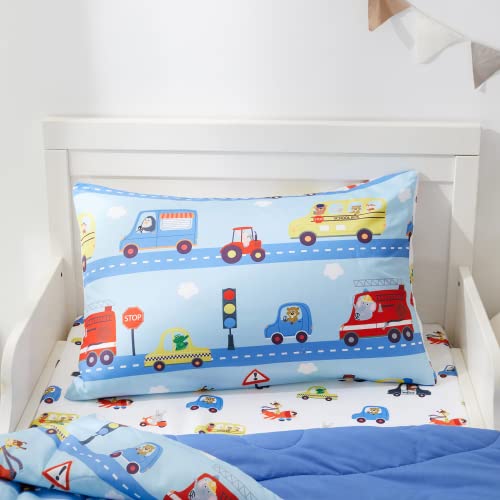Pinnkku 4-Piece Toddler Bedding Set, Bed-In-A-Bag Comforter Set, Includes 1 Flat Sheet, 1 Fitted Sheet, 1 Comforter And 1 Reversible Pillowcase, Standard Toddler Comforter & Sheet Set, Cars & Road #TOP3
