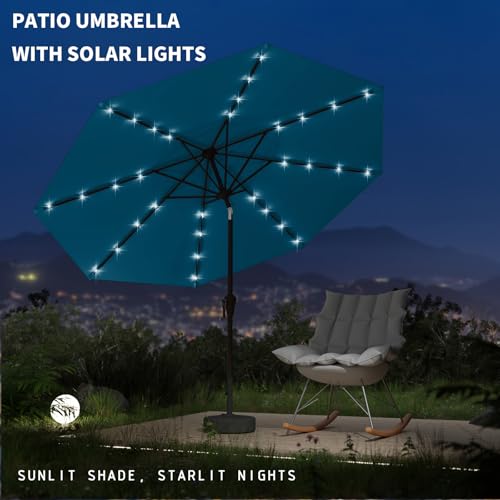 Image of 9FT Patio Umbrella with Solar Lights,Outdoor Market Umbrella with Tilt and Crank, LED Lighted Table Umbrella for Garden,Deck,Backyard,Pool,Beach (Lake Blue)