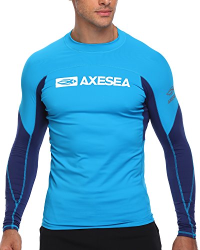 AXESEA Men Long Sleeve Rash Guard UPF 50+ Second Skin Fabric Swim Shirt,Blue,L