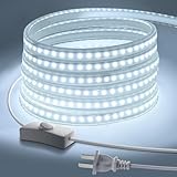Super Bright Outdoor LED Strip Lights, AC 110V 6500K Flexible LED Rope Lights Waterproof 600 LEDs 16.4ft LED Light Strip White for Garden Patio Cabinet Bedroom Indoor Outdoor Decor(16.4FT, White)