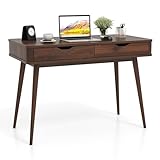 Giantex Mid Century Desk with 2 Drawers, 43.5' Writing Study Desk with Solid Rubber Wood Legs, Home Office Computer Workstation PC Laptop Desk, Modern Makeup Vanity Table for Bedroom (Walnut)
