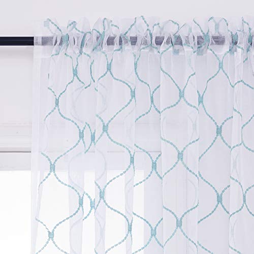 Sheer Curtains Blue 45 Inches Embroidered Wave Diamond, Rod Pocket Voile Drapes For Living Room, Bedroom, Window Treatments Semi Curtain Panels For Yard, Patio, Villa, Parlor, Set Of 2, 52"X 45". #TOP1