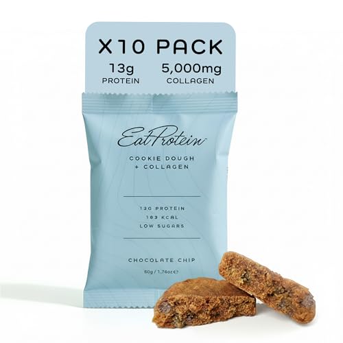 EatProtein Choc Chip Cookie Dough + Collagen | High Protein Cookie with 5000mg Hydrolysed Collagen | Low Sugar, Beauty & Wellness Snack | Energy Boost, 13g Protein | 183kcal | 10 x 50g