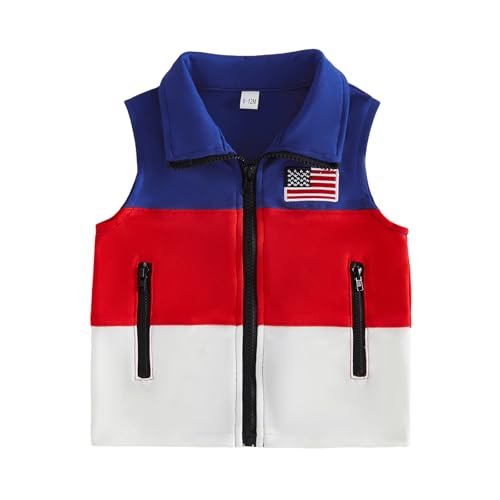 Toddler Baby Boy 4th of July Outfit American Flag Sleeveless Blue Red White Vest Zip Up Sweatshirt Jacket Cardigan (Blue, 2-3 Years)