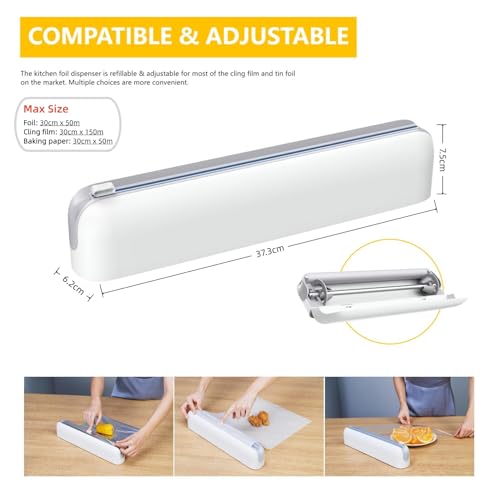 Quasziwa Tin Foil & Cling Film Dispenser and Cutter - Magnetic & No-Drill, Space-Saving Kitchen Organizer for Worktops & Cabinets, One-Hand Operation, Plastic Wrap Dispenser - Fits 31cm Rolls, Grey - Image 3