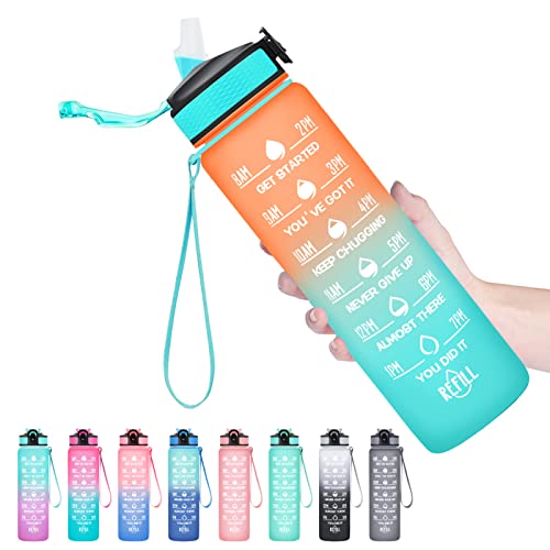 Hyeta 32 oz Water Bottles with Times to Drink and Straw, Motivational Water Bottle with Time Marker, Leakproof & BPA Free, Drinking Sports Water Bottle for Fitness, Gym & Outdoor, Orange-Green