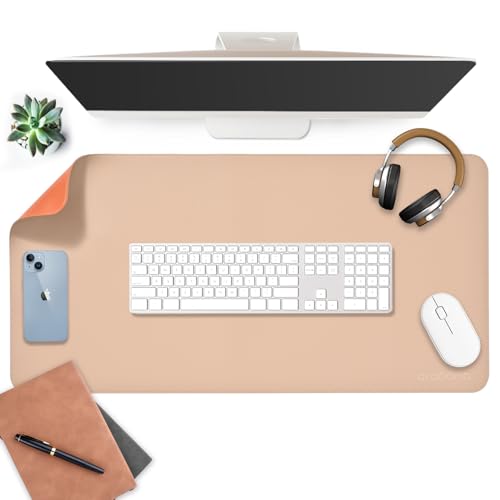 Image of AROPANA Vegan Leather Desk Mat | Large Reversible Mouse Pad & Computer Table Protector | Dual-Side Waterproof Extended Laptop Pad with Edge-Stitched Design (80x40CM, Apricot and Orange)