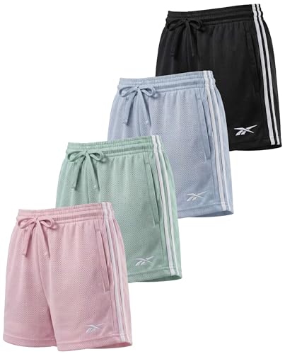 Reebok 4-Pack: Girls’ Athletic Mesh Shorts with Side Taping – Volleyball Basketball Running Shorts Kids Tweens Teens Youth- Set 6, L, (10-12)