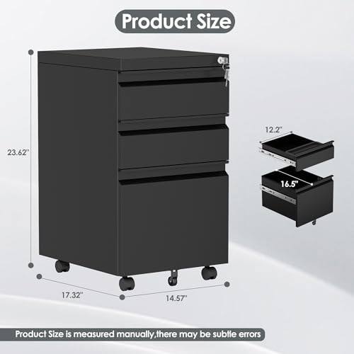 SUXXAN 3 Drawer Mobile File Cabinet with Lock, Under Desk Metal Filing Cabinet for Office,Home,Vertical Cabinet Legal/Letter Size, Fully Assembled Except Wheels (Black) - Thumbnail 3