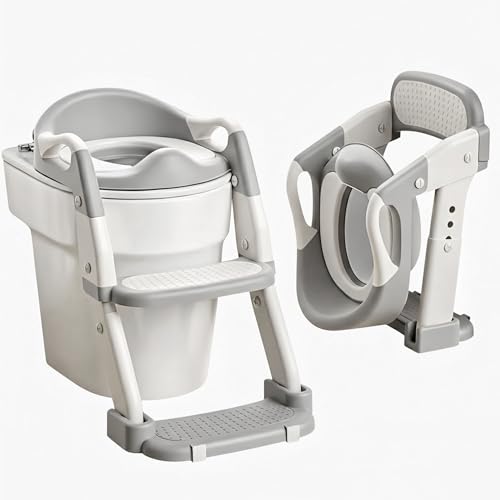 Image of Western Toilet Potty Seat For Kids, Baby Potty Training Seat Chair With Ladder, Adjustable Step Height, Cushion Seat | Kids Toilet Seat | Potty Seat For 1-8 Years Child Boys Girls (MNPL3 GREY)