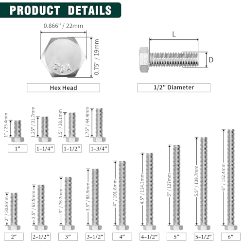 Image of (4 Sets) 1 /2-13 x 5-1 /2 inch Hex Bolt and Nut Kit, 304 Stainless Steel (18-8), Fully Threaded, Flat & Lock Washers Included
