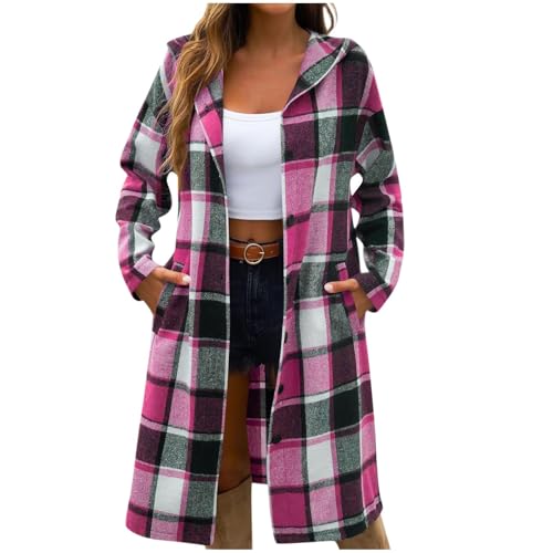 bawilom Womens Plaid Shacket Jacket Trendy Fall Casual Hooded Button Down Tartan Trench Coat Fall Winter Clothes with Pocket