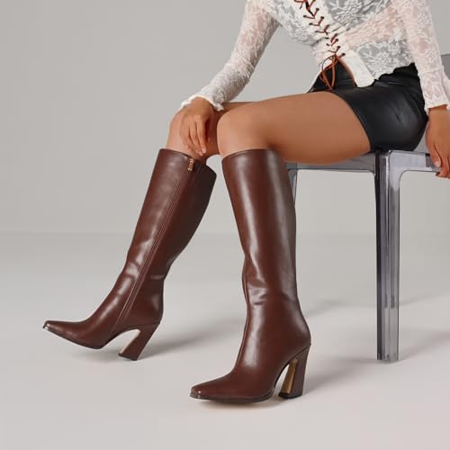 Celbreez Knee High Boots Fall Tall Boots for Women Wide Calf Side Zipper Long Leather Boots Square Toe Chunky Heel Boots 2025 Party Dating Casual Outfits Dress Shoes3