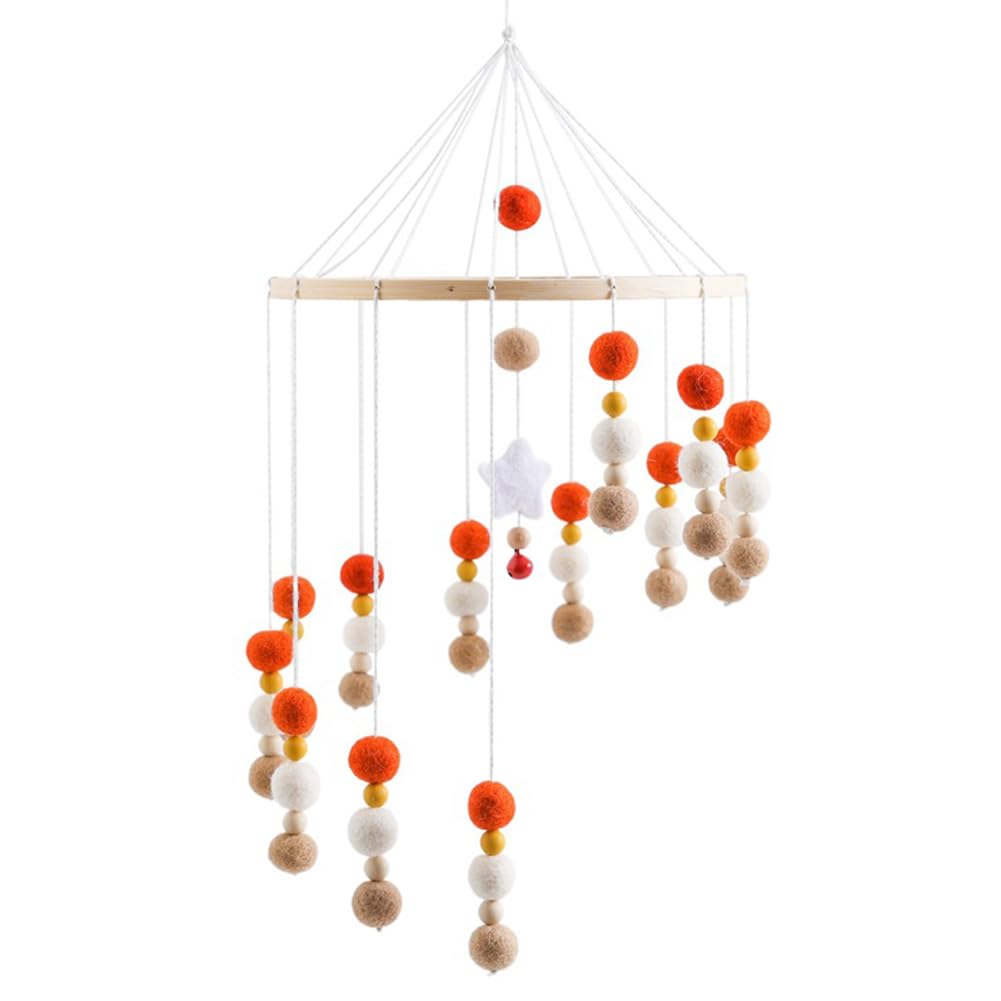 Baby Mobile 100% Felt Ball Bed Bell Mobile Crib Wooden Wind Chime Pom Pom Ball Rotating Crib Mobile Nursery Decor, Orange