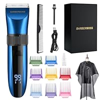 BarberBoss Kabelloser, selbstschärfender Bart- und Haarschneider, wasserdicht, mit Keramikklingen, LED-Display, schnelles Aufladen und 8 farbigen Kamm-Aufsätzen QR-2082