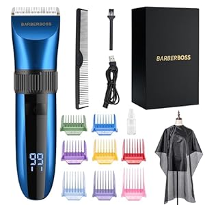 BarberBoss Cordless Self-Sharpening Beard & Hair Trimmer, Ceramic Blades, LED Display, Fast Charging, and 8 Color Comb Attachments QR-2082
