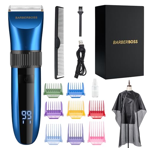 BarberBoss Cordless Self-Sharpening Beard & Hair Trimmer, Ceramic Blades, LED Display, Fast Charging, and 8 Color Comb Attachments QR-2082
