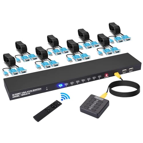 DGODRT Conmutador KVM VGA USB, HDMI KVM Switch Conmutador 8 Puertos con 8 Cables KVM, para Compartir Ratón, Teclado, Impresoras, Escáner