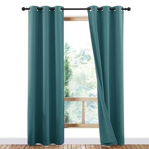 Image of NICETOWN Complete 100% Blackout Curtains, Thermal Insulated & Energy Efficiency Window Draperies for Guest Room, Full Shading Panels for Shift Worker and Light Sleepers, Cyan Green, 42W x 84L, 2 Pcs