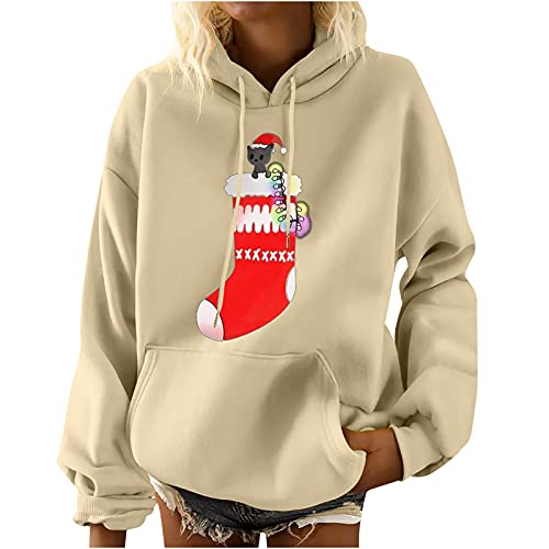 AOCRD Sweat à capuche pour femme - Imprimé de Noël - Pull ample chaud et ample - Manches longues - Sweatshirt de Noël - Pull à capuche avec poches - Casual automne hiver, .beige., L Cover