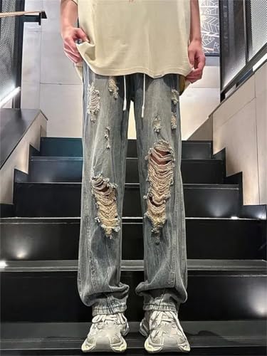 Man Wide Leg Trousers Cowboy Pants Ripped with Holes Torn Broken Aesthetic Stacked Jeans3