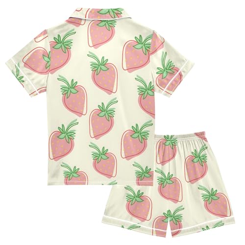 Strawberry Cute Pink Cartoon Pattern Summer Satin Pajama Set, Cute Button-Down Sleepwear Pj Set for Sleep Wears2
