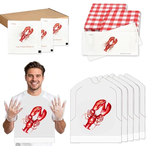 Hodvya 152 Pcs Disposable Crawfish Bibs Lobster Bibs for Adults Crawfish Seafood Boil Party Supplies with 50 Bibs 50 Wet Wipes 50 Pairs Plastic Gloves 2 tablecloth (Lobster)