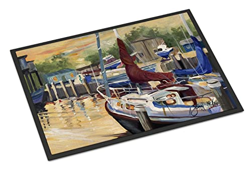 Caroline's Treasures JMK1083MAT New Sunset Bay Sailboat Doormat 18x27 Front Door Mat Indoor Outdoor Rugs for Entryway, Non Slip Washable Low Pile, 18H X 27W