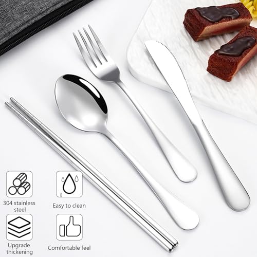 Cutlery Set, 4 Piece Stainless Steel Flatware Set with Storage Bag, Tableware Silverware Set with Spoon Knife Fork and Chopsticks Sets, Mirror Polished, Dishwasher Safe - Image 4