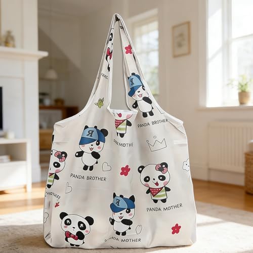 Bolsa feminina de grande capacidade, bolsa de compras reutilizável, leve e dobrável ao ar livre, Estampa de panda fofa branca, Large