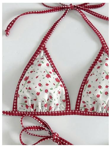 MakeMeChic Women's Floral Triangle Thong Bikini Sets Halter Gingham Swimsuit Bathing Suit Flower White Red Medium