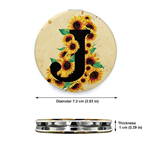 Wirester Round Foldable Pu Leather Compact Pocket Purse Makeup Mirror, Dual Sided Travel Mirror With 2X 1X Magnification - Sunflower Vintage J Letter Monogram #TOP1
