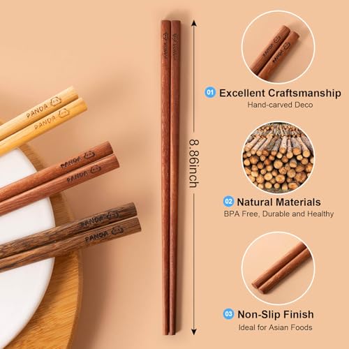 Image of MFJUNS 5 Pairs Wood Chopsticks Set, Panda Engraved Reusable Chopsticks, Rosewood /Wenge /Beech /Iron Wood, No Paint No Wax, Non-Slip 9.5 Inch Solid Wood Chop Sticks for Sushi Ramen Kitchen Daily Dining
