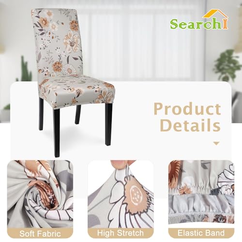 Image of SearchI Printed Dining Room Chair Covers Set of 4, Stretch Kitchen Chair Covers Washable Parsons Chair Slipcover Removable Dining Chair Protectors for Hotel,Ceremony(Brown Floral)