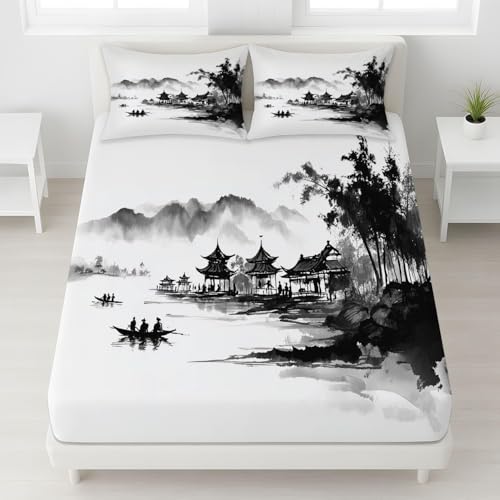 Latwerio Sábana Bajera 105x200 Infantil Estilo Chino 3D Sabanas, Pintura de Tinta de Microfibra Suave y Cómoda Funda de Colchón Sábana con Elástico y Bolsillo Profundo 30 cm, Sabanas Cama 105, T948