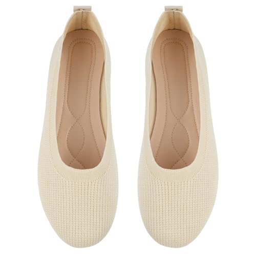 OFFCUP Damen Ballerinas Knit Kleid Schuhe Runde Zehe, Flats, Slip On, Maschenware Bequem Weich Ballerina Beige - 42