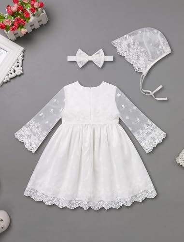 Infant Girl White Baptism Christening Outfits with Bonnet Flower Girl Wedding Dress Newborn Sheer Sleeve Blessing Gown2
