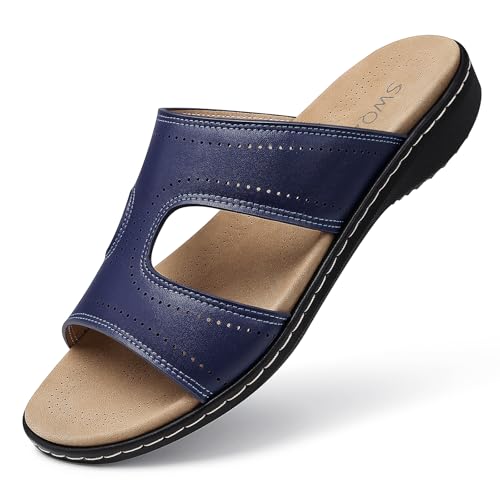 SWQZVT Flat Slides Sandals for Women: Comfortable Size 9 Blue Arch Support Sandal - Slip On Summer Walking Sandals