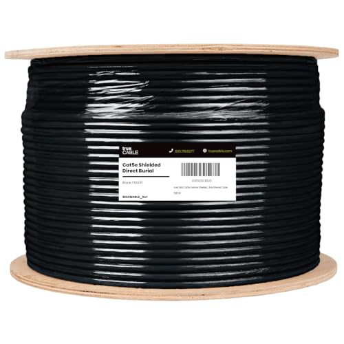 Image of TRUE CABLE Cat5e Direct Burial Bulk Ethernet Cable, Shielded F /UTP, 1000ft, Black, Waterproof, Outdoor OSP Jacket, 24AWG Solid Bare Copper, 350MHz, PoE++ 100W