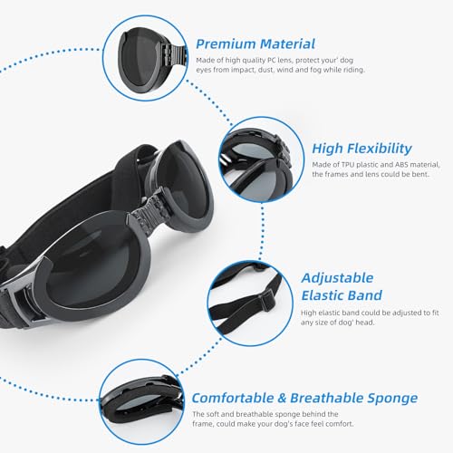 lesypet Dog Goggles Medium Breed, Dog Sunglasses with 2 Detachable Lenses Foldable Glasses for Dog UV Protection Windproof, Black lesypet Dog Goggles Medium Breed, Dog Sunglasses with 2 Detachable Lenses Foldable Glasses for Dog UV Protection Windproof, Black