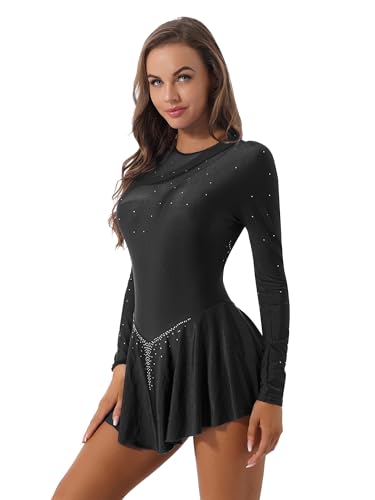 JanJean Women's Shiny Rhinestone Mesh Patchwork Lyrical Dance Costume Long Sleeve Figure Skating Dress Black X-Large