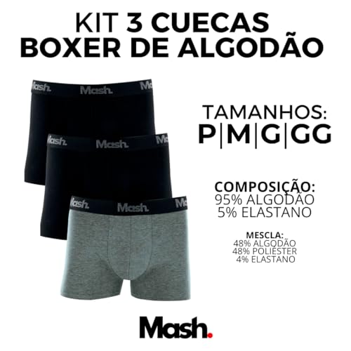 Kit 3 Cuecas Boxer Cotton Premium Mash Elástico Exclusivo 35MM Masculino Adulto | 2 Pretas - 1 Mescl